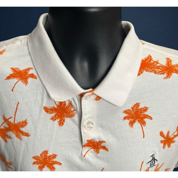 Original Penguin Men’s XL Polo Shirt White Orange Palm Tree Print 100% Cotton - Picture 4 of 13